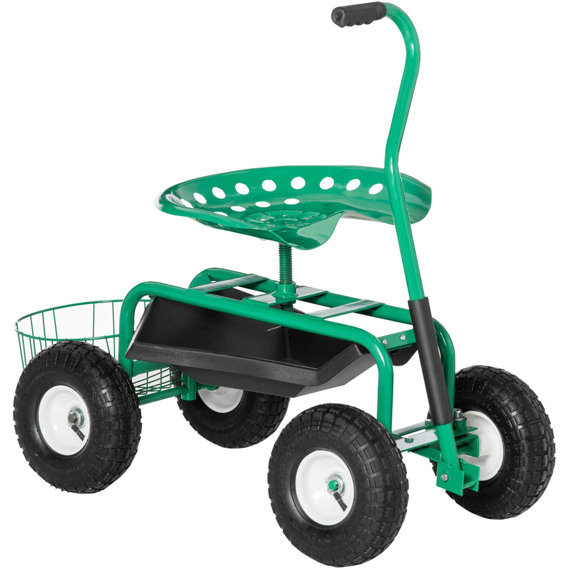 Gartenwagen Mit Höhenverstellbarem Drehsitz, Ablagekorb, Metall Grün, 150 Kg