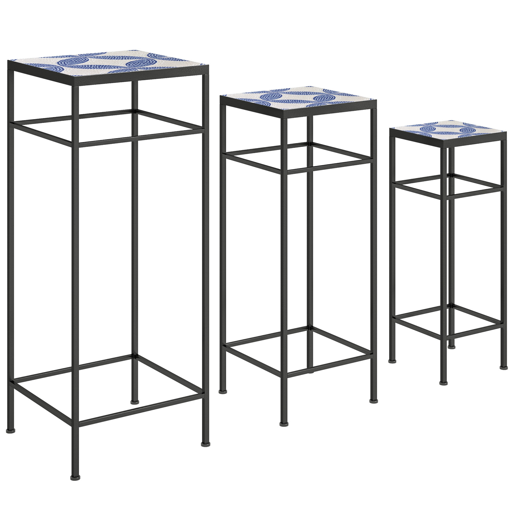 Set Aus 3 Pflanzenständern Aus Metall Mit Blau-weißem Mosaik, 3 Größen, Bis 71 Cm, Modenuit