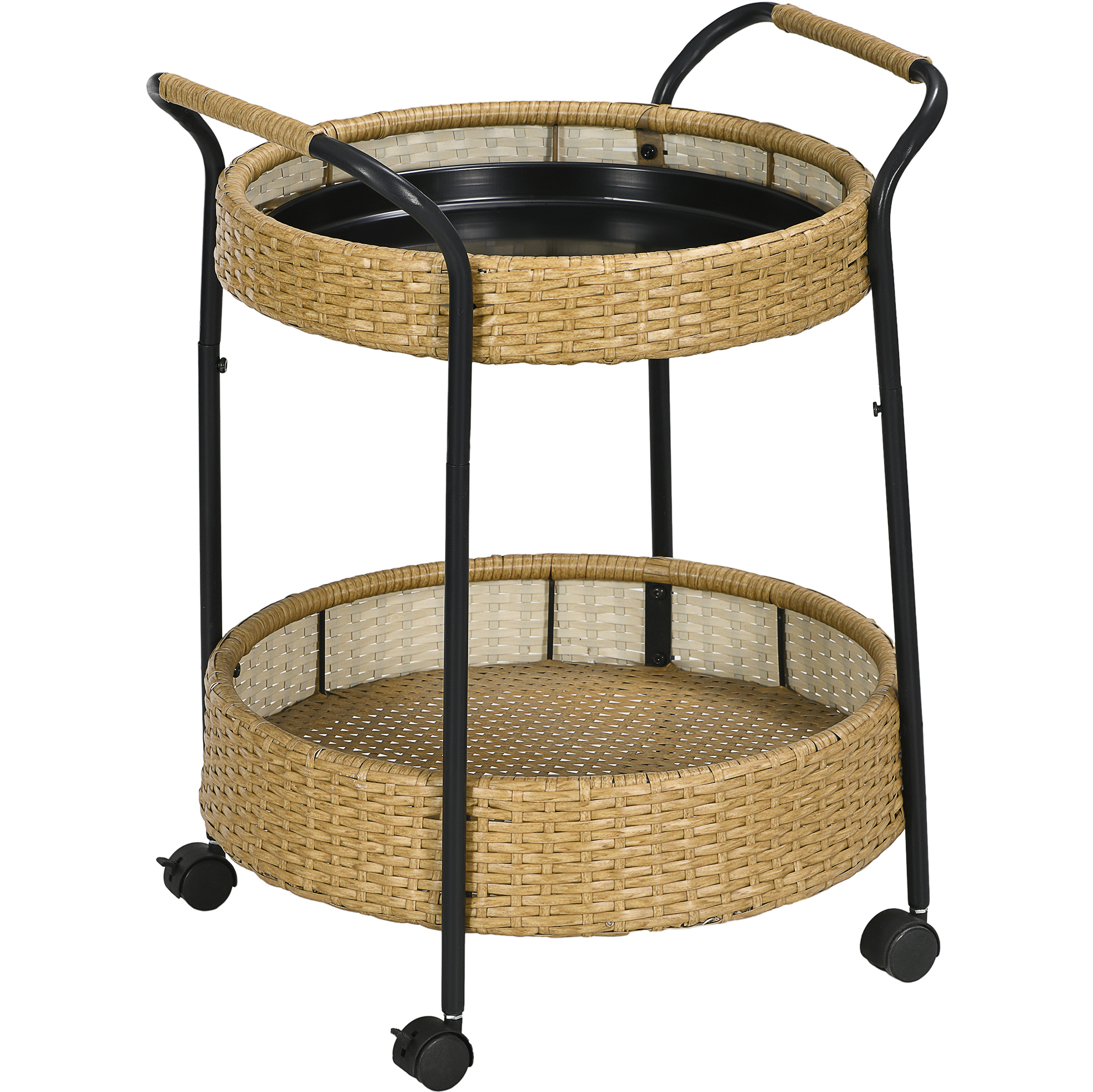 Runder Servierwagen Aus Rattan 50 X 66 Cm Mit 2 Ebenen Und Rollen