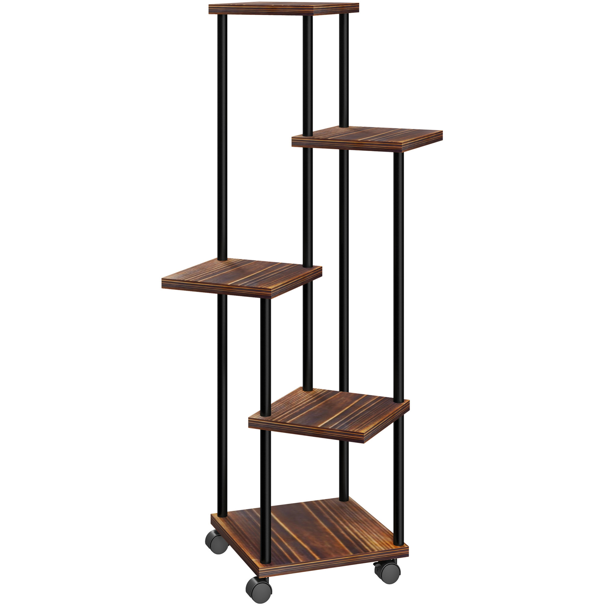 5-stufiger Pflanzenständer Mit Rollen Aus Holz Und Schwarzem Stahl, 59 X 59 X 110 Cm