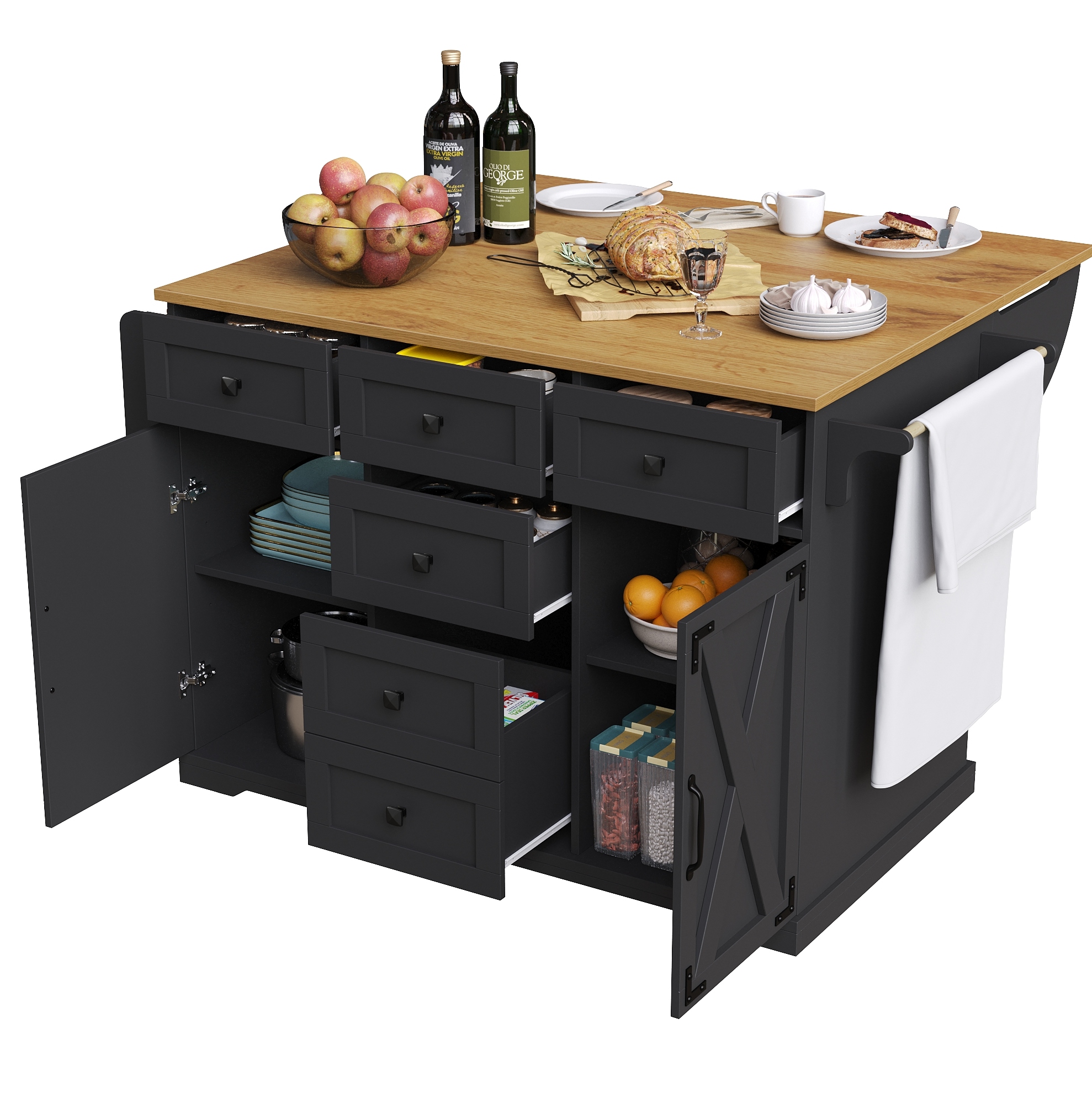 Multifunktionale Kücheninsel In Schwarz Aus Mdf Und Metall Mit Tischplatte In Holzoptik, 147 Cm