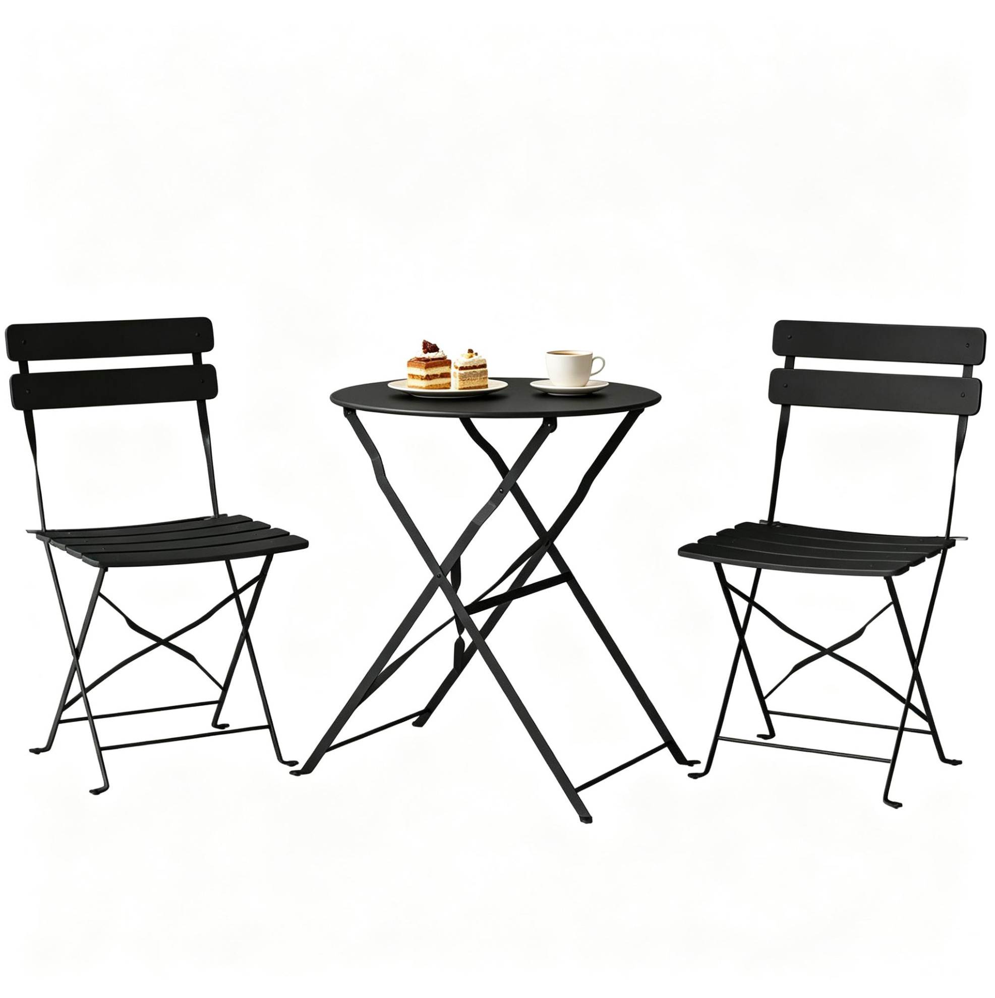 Klappbares Schwarzes Metall-bistrot-set Für Draußen Mit Tisch Und 2 Stühlen