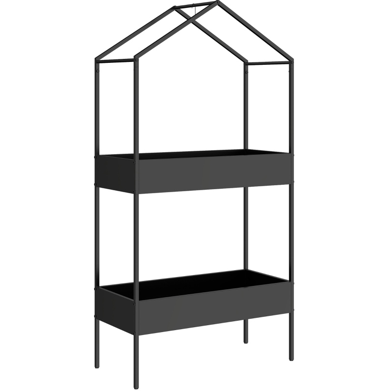 2-stufiger Pflanzenständer In Hausform, 150 Cm, Aus Schwarzem Metall Mit Haken