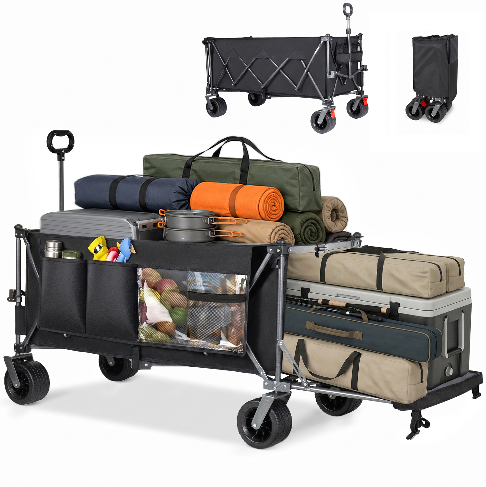 Faltbarer Bollerwagen 180 Cm Mit Heckklappe, Stahlrahmen, All-terrain-räder, Schwarz