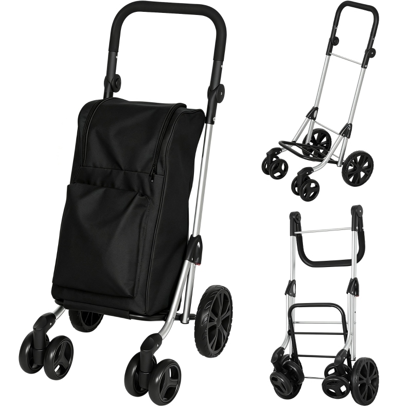 Einkaufstrolley 46 L Mit Kühltasche, Faltbar, Verstellbarer Griff, Aluminiumrahmen, Schwarz