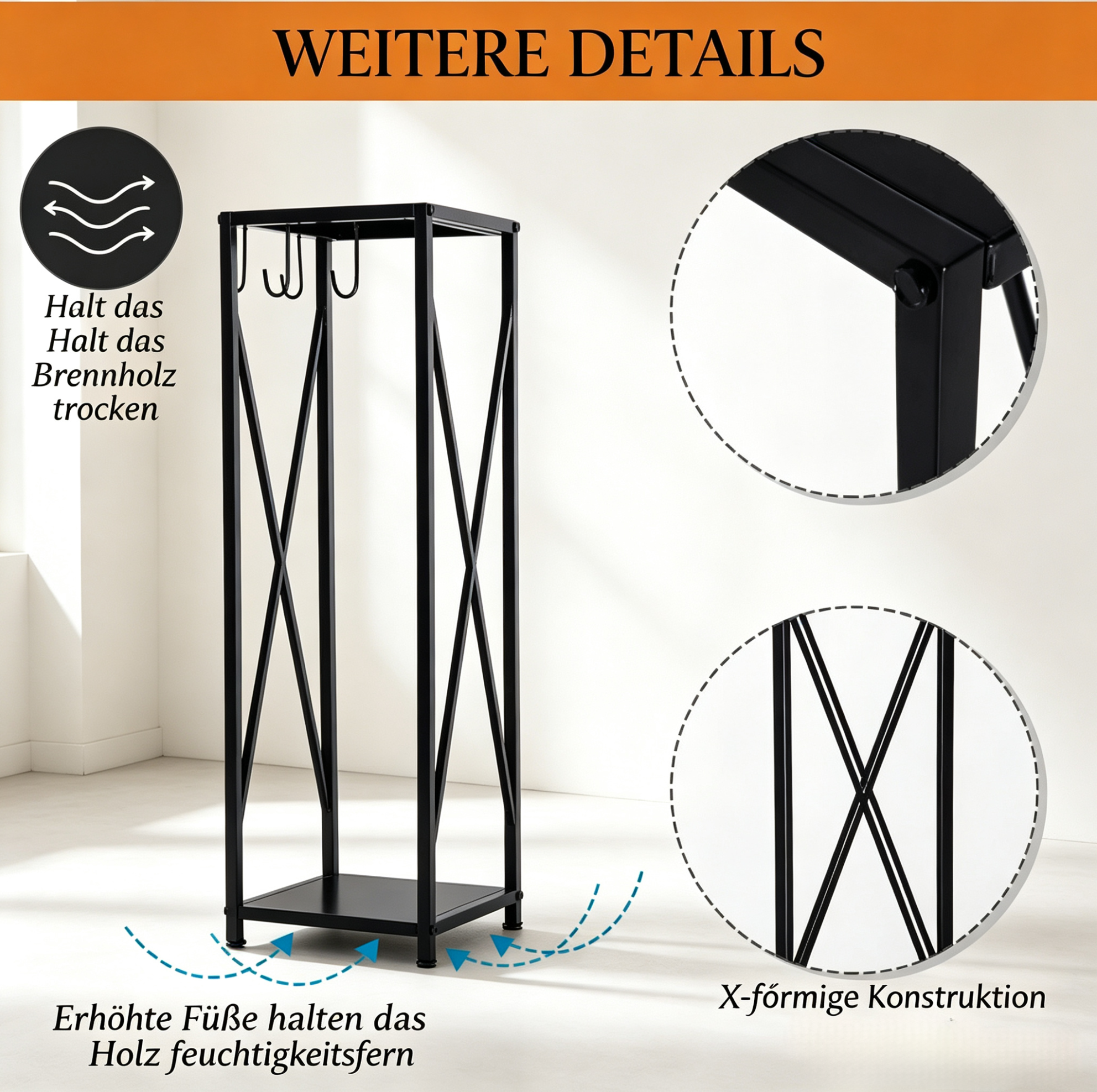 Kaminholzständer Mit Kaminbesteck Metall Schwarz 34 X 34 X 111 Cm Modenuit