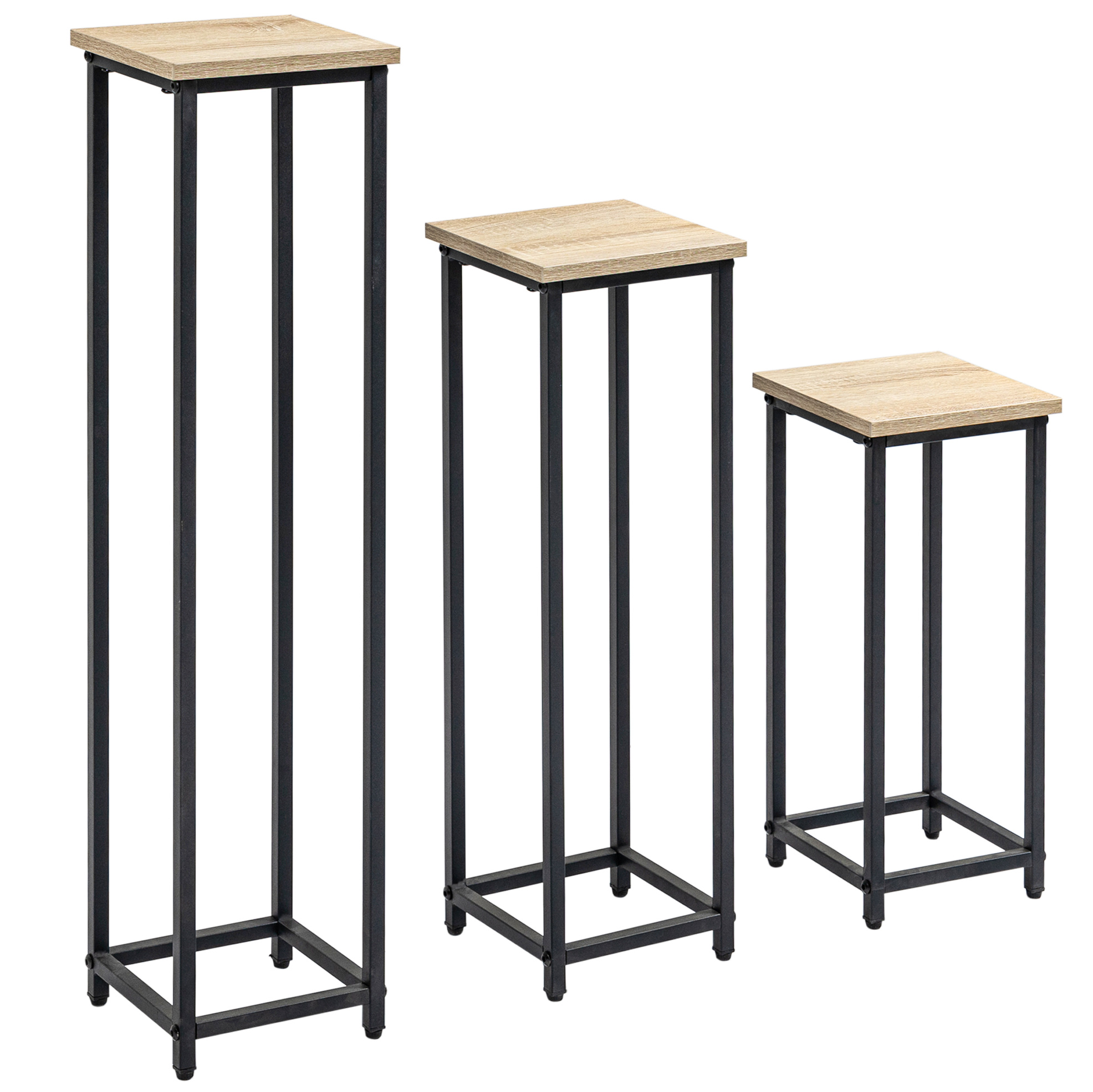 3er-set Pflanzenständer Aus Schwarzem Stahl Und Naturholz Für Garten Und Balkon