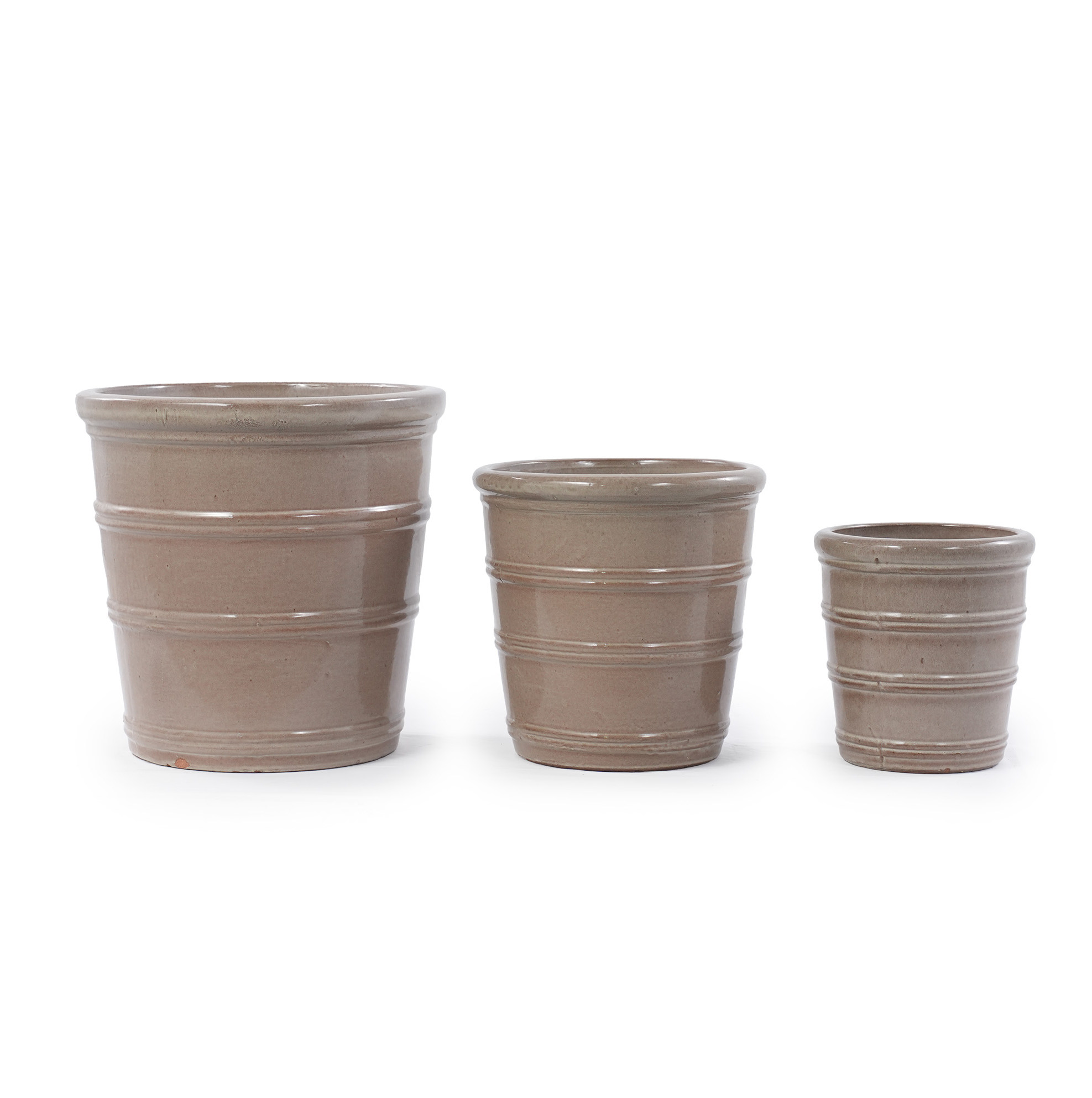 Set Mit 3 Handgefertigten Keramik-blumentöpfen, Glänzend Taupe, 41,5 Cm, Gerillt