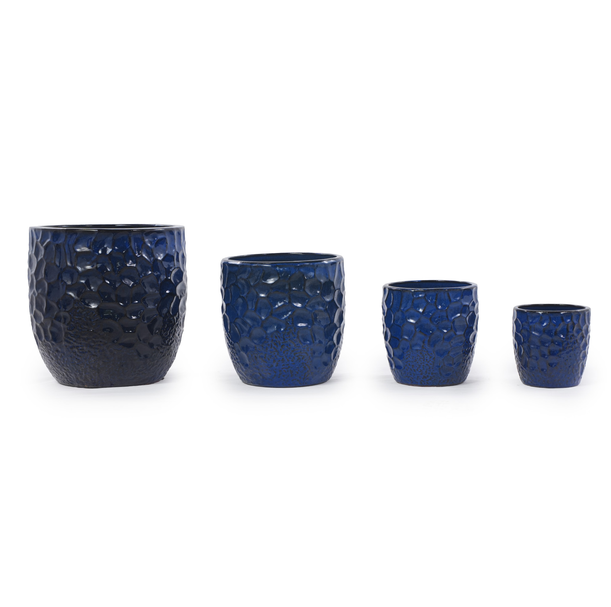 4er-set Keramik-blumentöpfe In Marineblau Mit Hammerschlag-relief Und Drainagelöchern