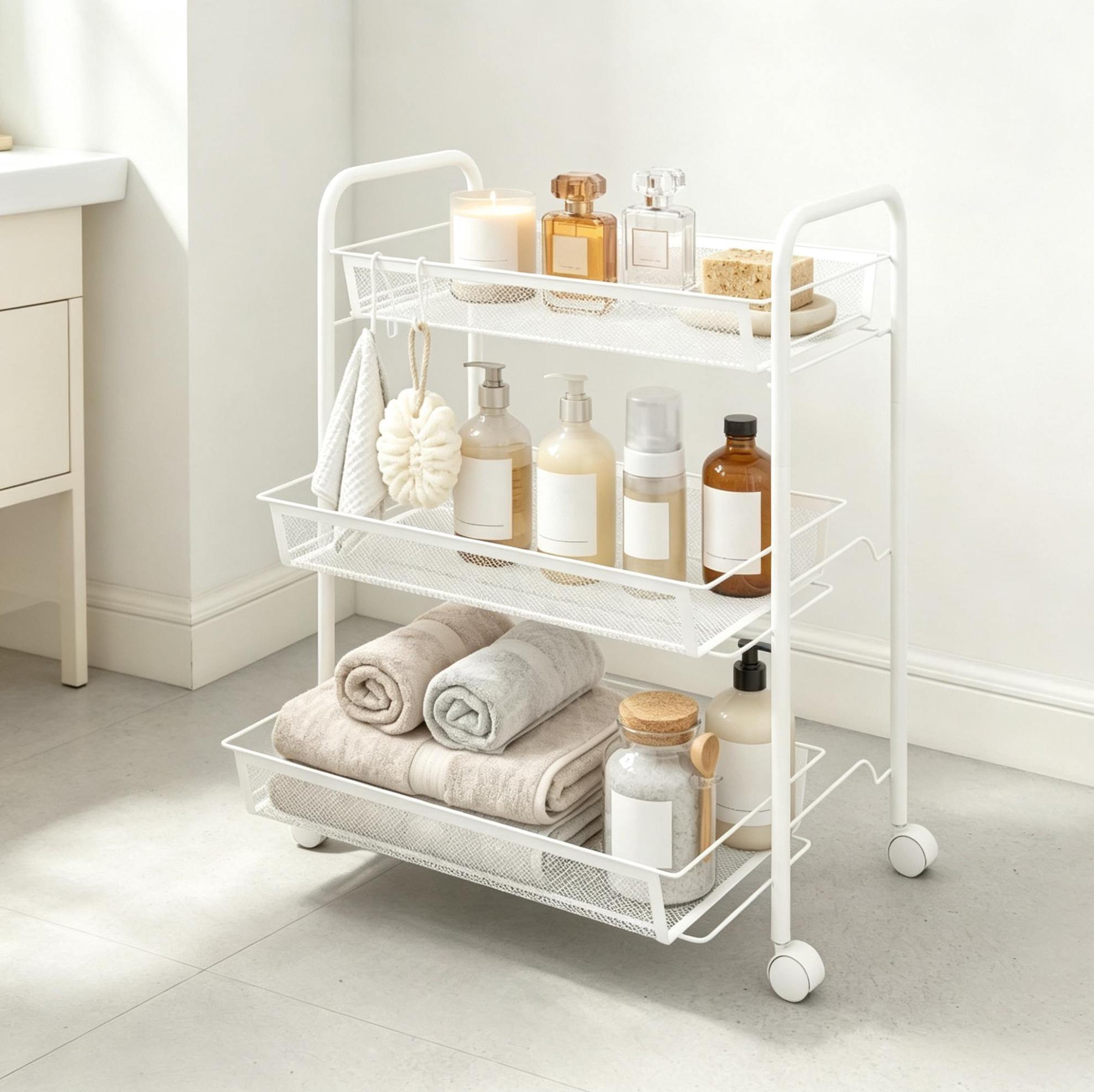 Werkzeugwagen Mit 3 Ebenen, Stahlkörben Und Rollen 45 X 26,5 X 63 Cm Weiß Modenuit