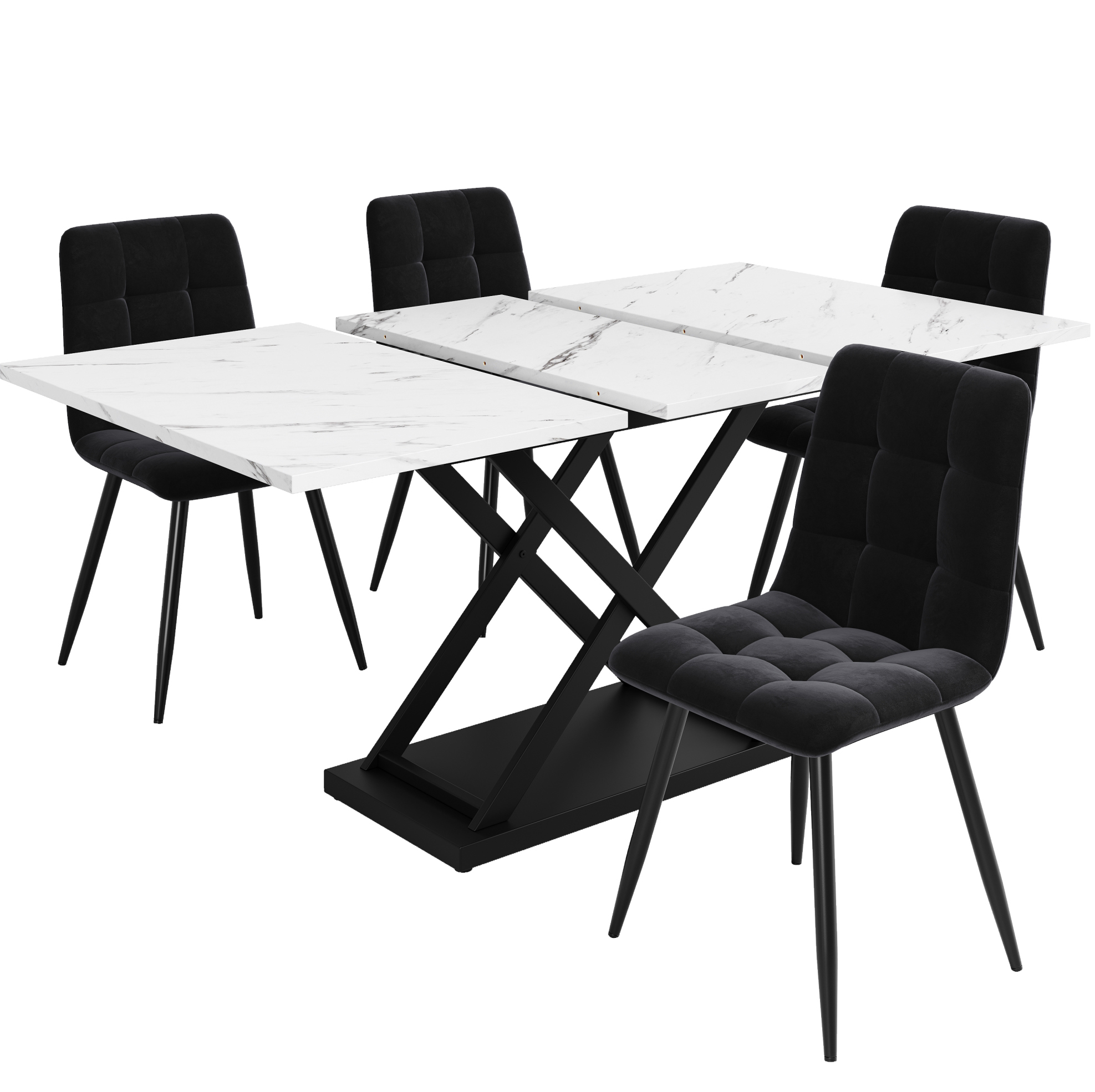 5-teiliges Ausziehbares Essgruppen-set In Weiß-marmor Und Schwarz, 4 Sitzplätze