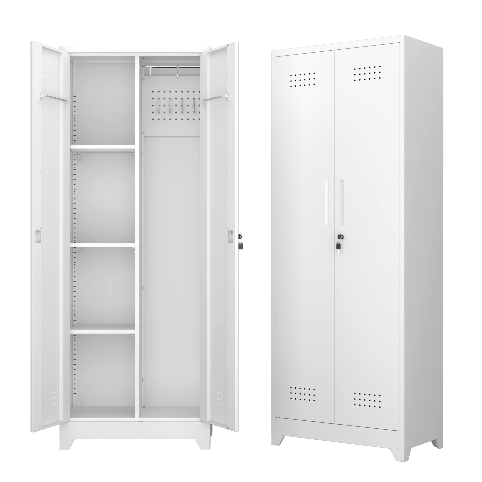 Metallschrank Für Besen, Weiß, 165 Cm, Mit Abschließbaren Türen, Regalen Und Haken