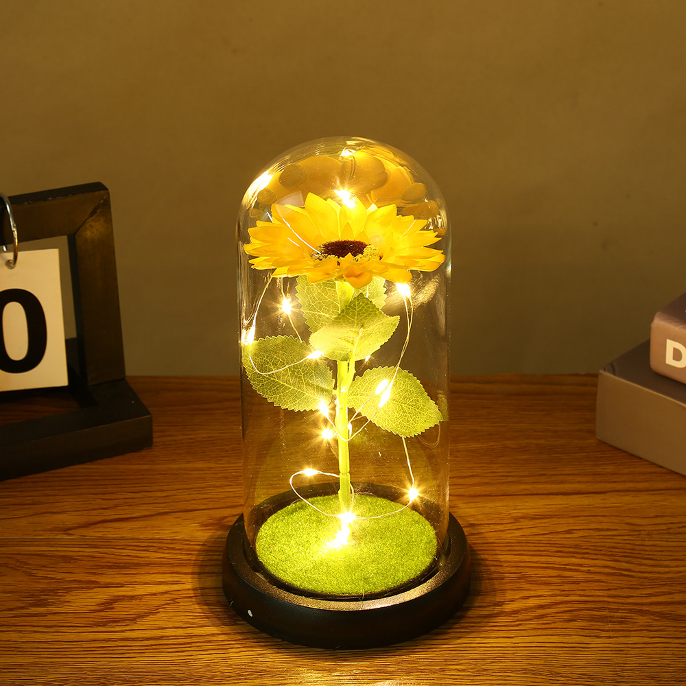 Künstliche Sonnenblume, Eine Nachhaltige Blume, Dekorative Lampe In Einem Glasschirm, Geeignet Für Die Heimdekoration, Auch Als Geschenk Geeignet.