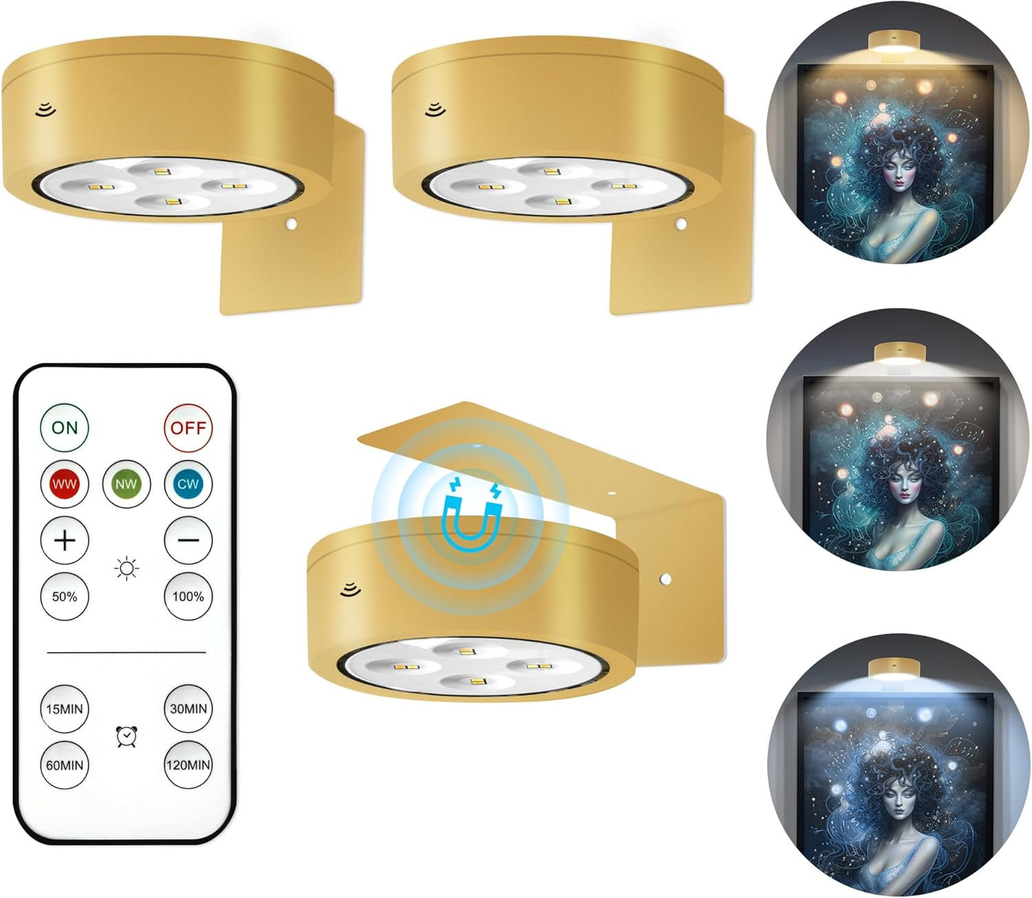 Led-nachtlicht Mit Fernbedienung, Einstellbarer Dimmfunktion Und Timer, 3 Lichtmodi, Lademodus, 3er-set, Goldfarben