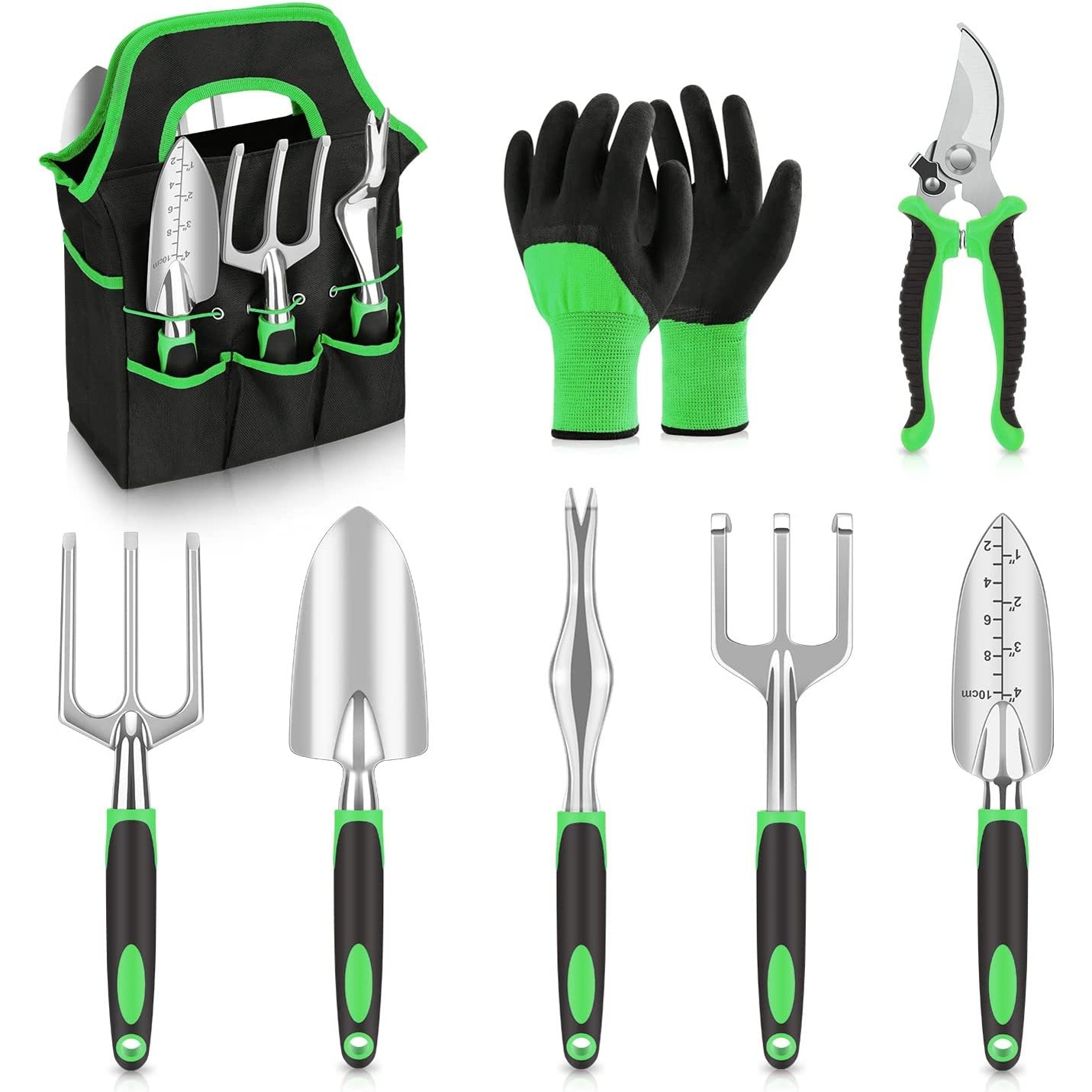 Gartengeräte-set Mit Aufbewahrungstasche, 8-teilig, Langlebige Gartengeräte, Grün