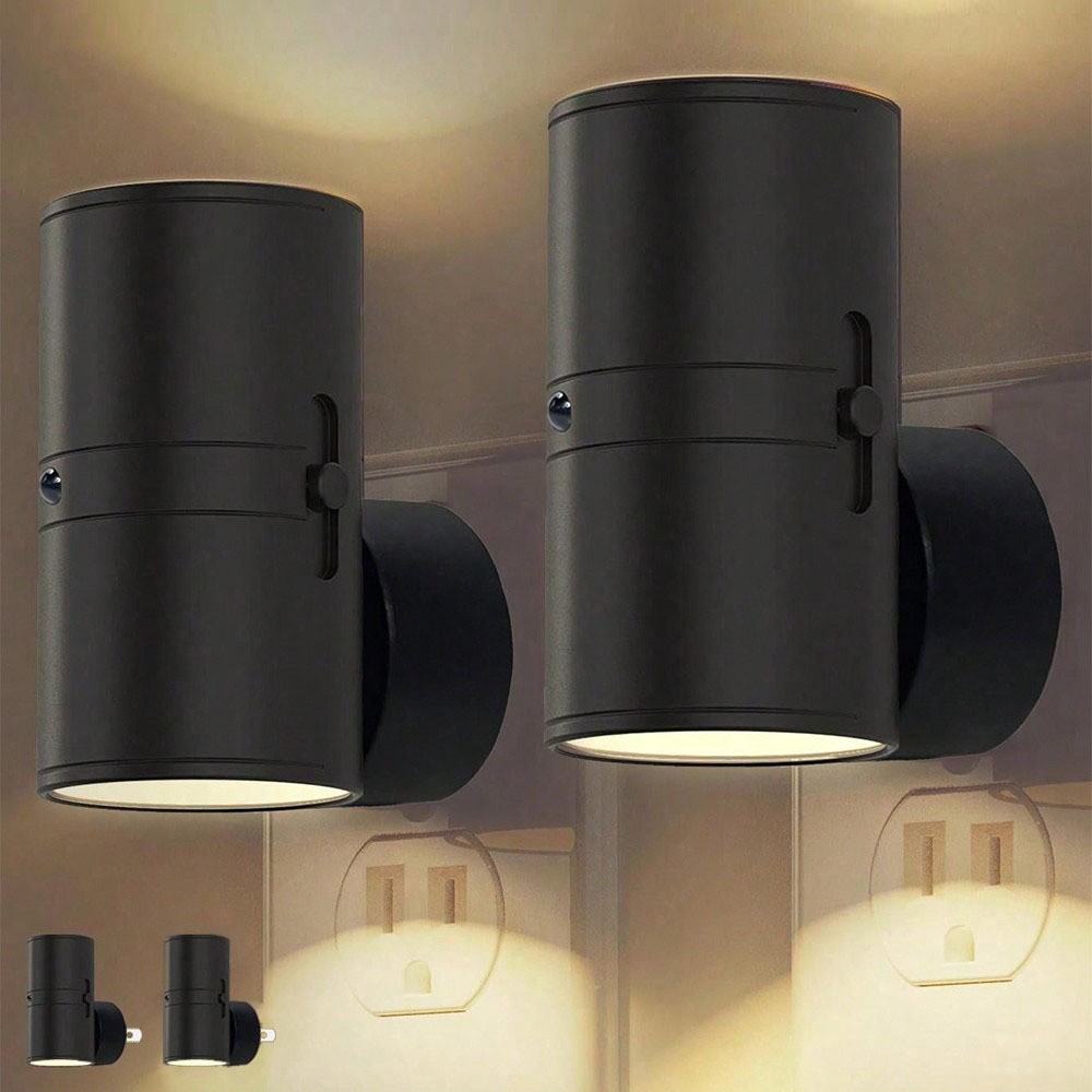 Led-nachtlicht Mit Stecker, Zylindrisch, Helligkeit Einstellbar, Dreifarbige Dimmfunktion, Inklusive Fernbedienung, 2er-set, Schwarz