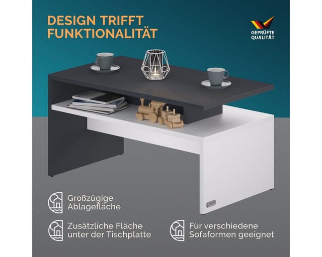 Couchtisch mit Ablage Stauraum 95x55x50cm Kratzfest Holz Modern Groß Wohnzimmer Sofa Couch Tisch Beistelltisch weiß schwarz - Casaria