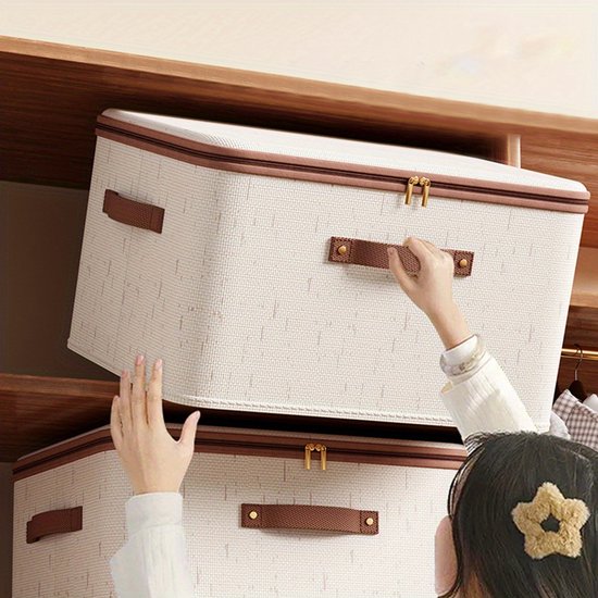 Kleideraufbewahrungsbox Aus Leinen Mit Reißverschluss Und Deckel, Feuchtigkeitsbeständiger Kleiderorganizer, Beige, 49 X 37 X 31 Cm