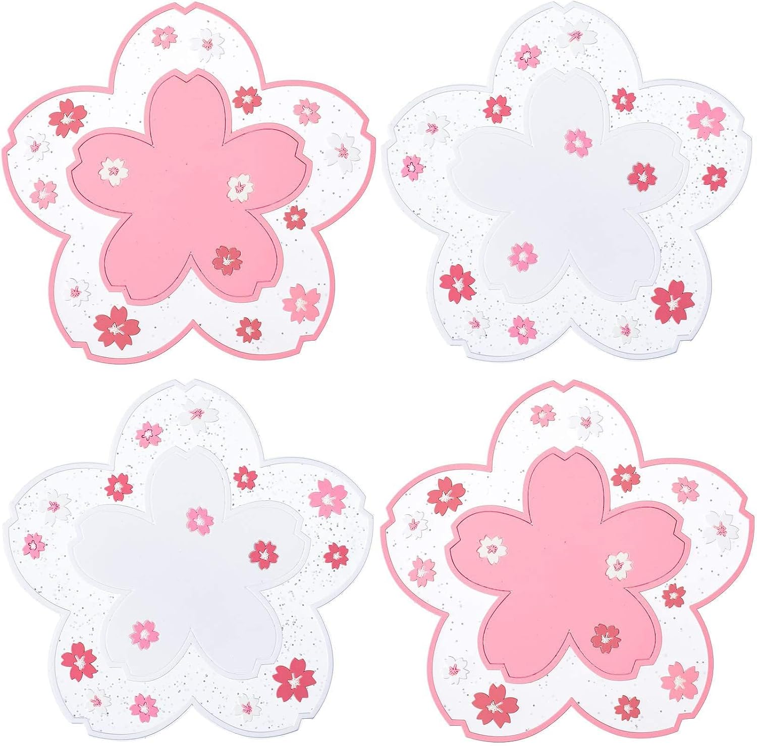 4-teiliges Untersetzer-set Mit Kirschblütenmuster, Pvc, 2 Rosa + 2 Weiße, Rutschfeste Untersetzer