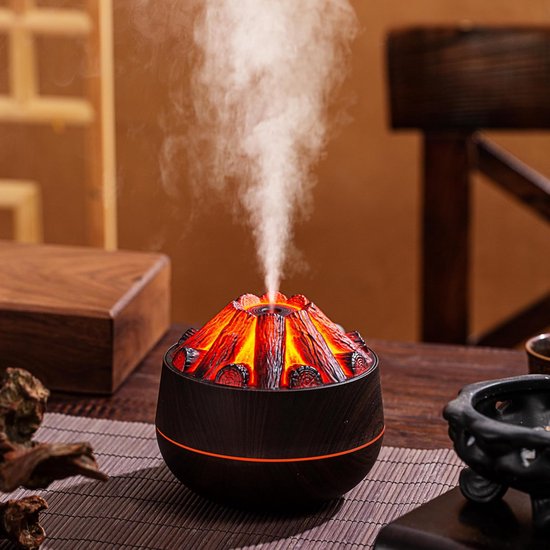 Großvolumiger Luftbefeuchter, Design Mit Simulierter Holzkohlefeueroptik, Usb-tischluftbefeuchter (dunkle Holzmaserung).