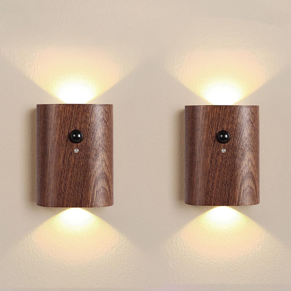 Stück – Treppenbeleuchtung Aus Holz Mit Bewegungsmelder – Wiederaufladbar – Sapele-holz – 2700 K Warmweiße Led-wandleuchte – Kabellose Montage – 2-teilig