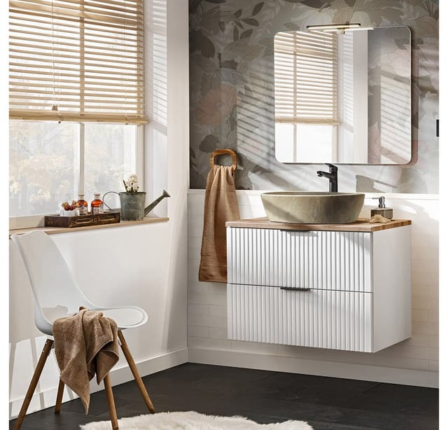 Lomadox - Badmöbel Set matt weiß Rillenoptik ADELAIDE-56-WHITE 80 cm Spiegel & Waschtisch mit Keramikbecken