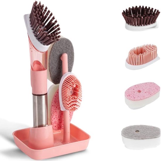 Spülbürsten-set Mit Spülmittelspender Und 4 Ersatzbürstenköpfen, Geeignet Für Geschirr, Töpfe Und Spülbecken – Rosa