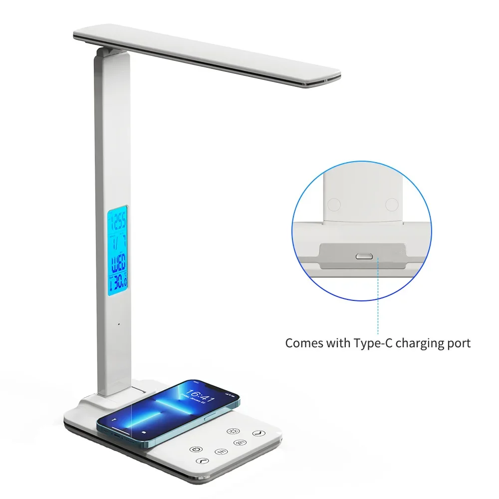 Kabellose 10-w-led-schreibtischlampe Mit Kalender, Temperaturanzeige Und Wecker, Augenschutz, Geeignet Zum Lernen, Arbeiten Oder Fürs Büro.