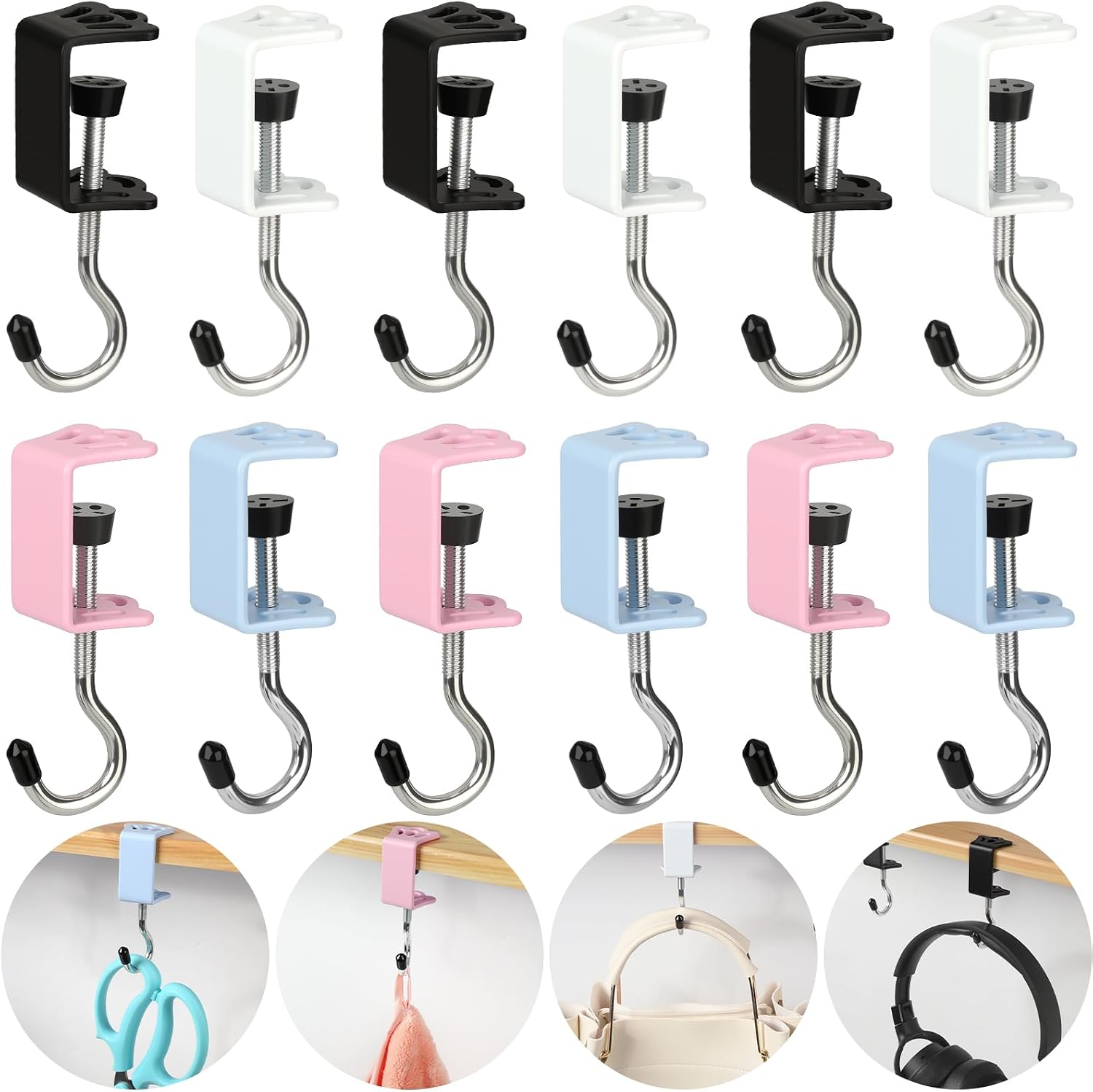 12er-packung Verstellbare Clip-haken Für Die Untertischmontage In Schwarz, Blau, Rosa Und Weiß