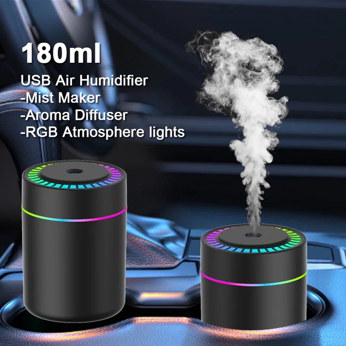 180-ml-mini-luftbefeuchter & Aromadiffusor – Usb-c-duftdiffusor Mit Led-beleuchtung – Für Auto, Zuhause & Schlafzimmer – Schwarz