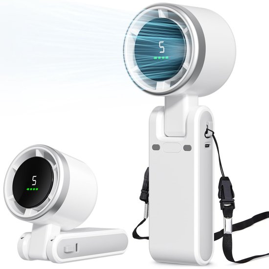 Tragbarer Ventilator – Mini-ventilator – Nackenventilator – 5 Windstufen – Led-anzeige – Wiederaufladbar – Geeignet Für Büro, Camping Und Outdoor-sport – Weiß
