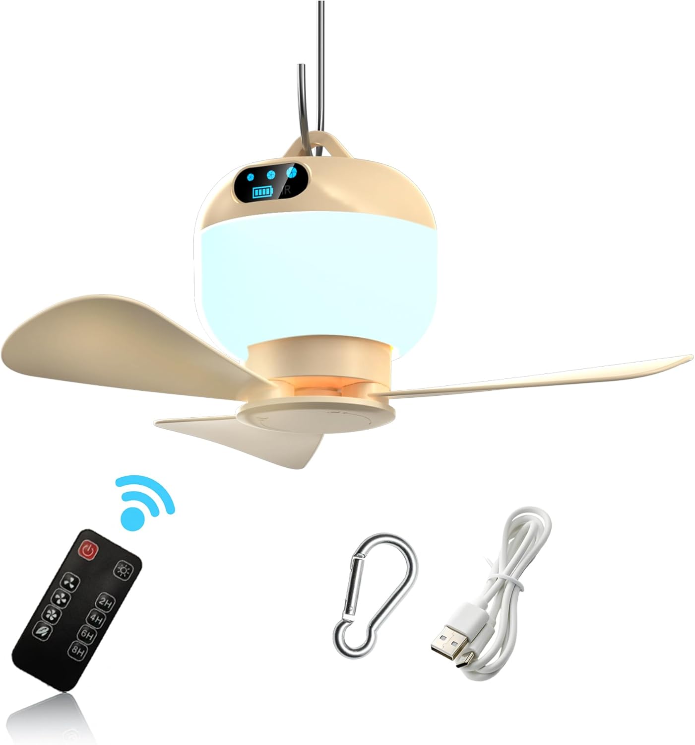 Wiederaufladbarer Campingventilator Mit Licht Und Fernbedienung – 27 Cm (10,63 Zoll) Großer, Aufhängbarer Zeltventilator – 3 Geschwindigkeitsstufen & Timer – Kabellos – Für Zelt Und Strand – 27 Cm (10