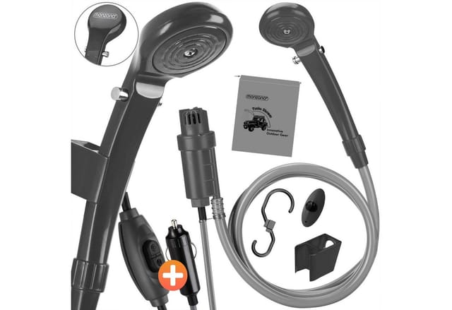 Campingdusche tragbar mit Pumpe 12V KFZ-Adapter Aufbewahrungstasche 2m Schlauch 5m Stromkabel Auto Hundedusche Gartendusche Dusche anthrazit - Monzana