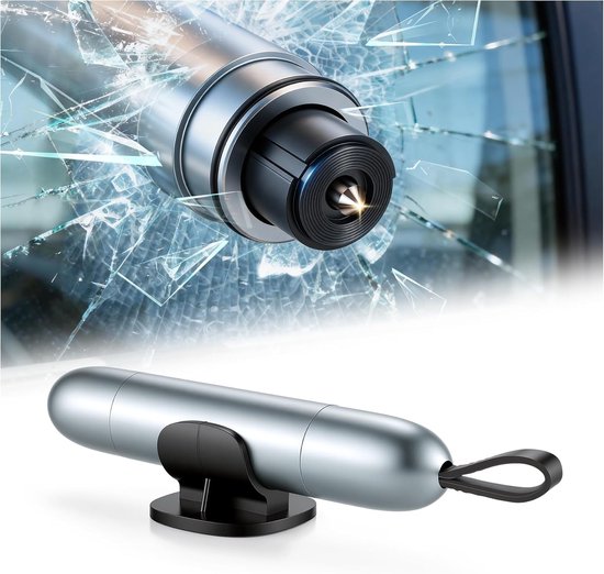 Sicherheitshammer – Gurtschneider – Notfallhammer – 2-in-1-sicherheitshammer & Gurtschneider – Inklusive Testglas & Selbstklebender Halterung – Silber