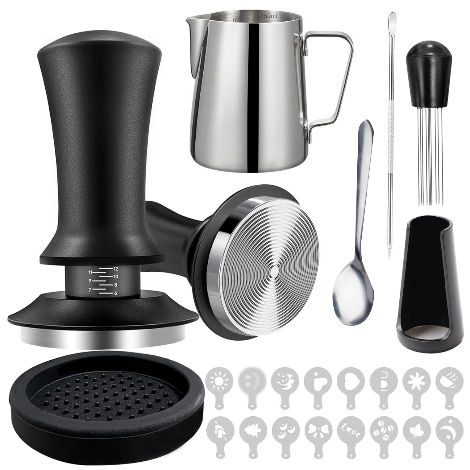 Dieses 22-teilige Espresso-tamper-set Enthält Einen 53-mm-espresso-tamper, Eine Tuchdüse, Ein Tamperpad, Einen Kaffeerührer Und Einen Milchaufschäumer.