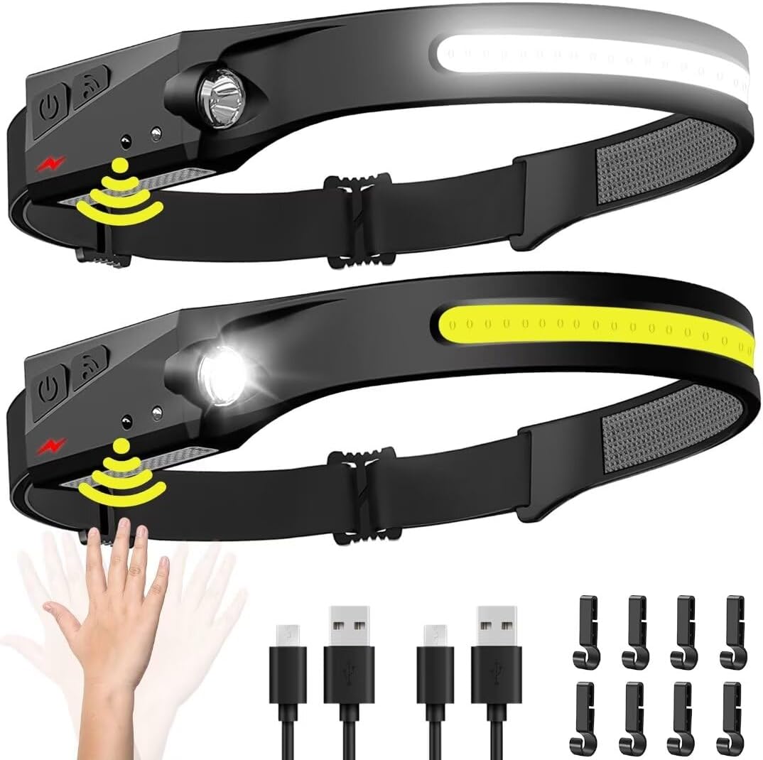 Wiederaufladbares Stirnlampen-set (2-teilig) – 230°-led-stirnlampe Mit Bewegungssensor – Für Erwachsene – Campingzubehör – Wasserdichte Stirnlampe – 2-teilig