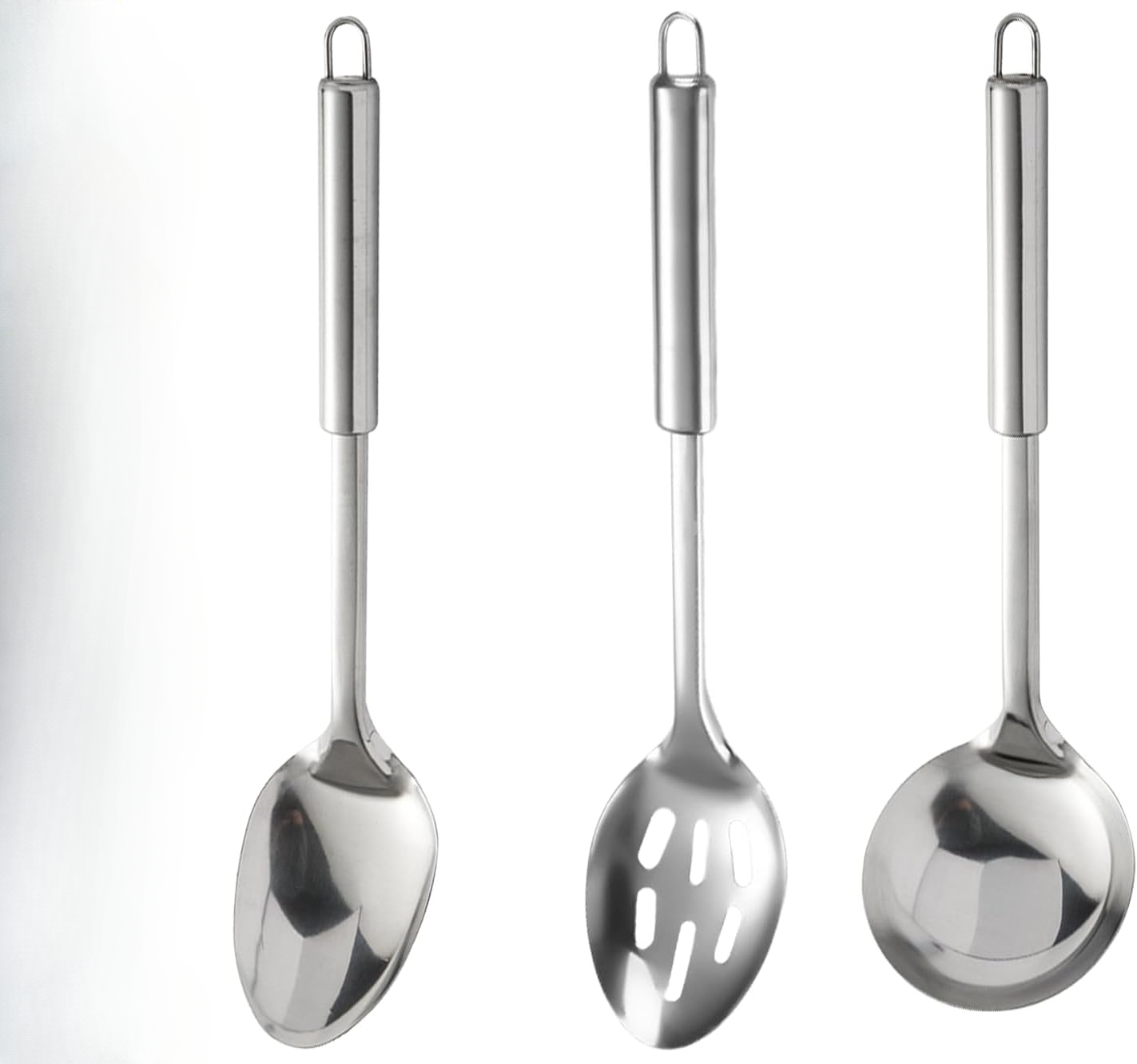 3-teiliges Küchenlöffelset Aus Edelstahl, Bestehend Aus Schaumlöffel, Suppenlöffel, Servierlöffel Und 3 Haken Zum Rühren, Braten Und Servieren