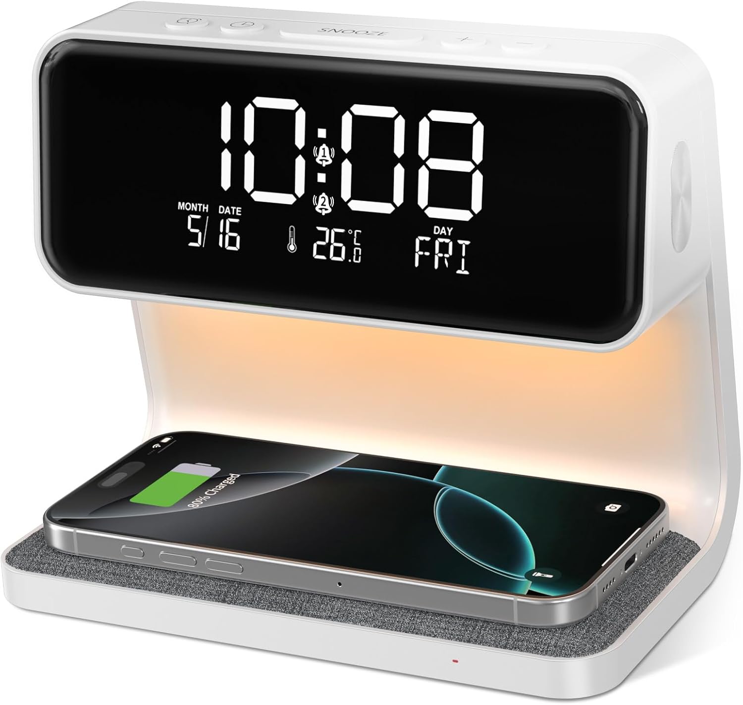 Multifunktionales Kabelloses Nachtlicht, 15 W, Weiß, Multifunktionales Kabelloses Nachtlicht Mit Digitaluhr, Dimmbares Nachtlicht