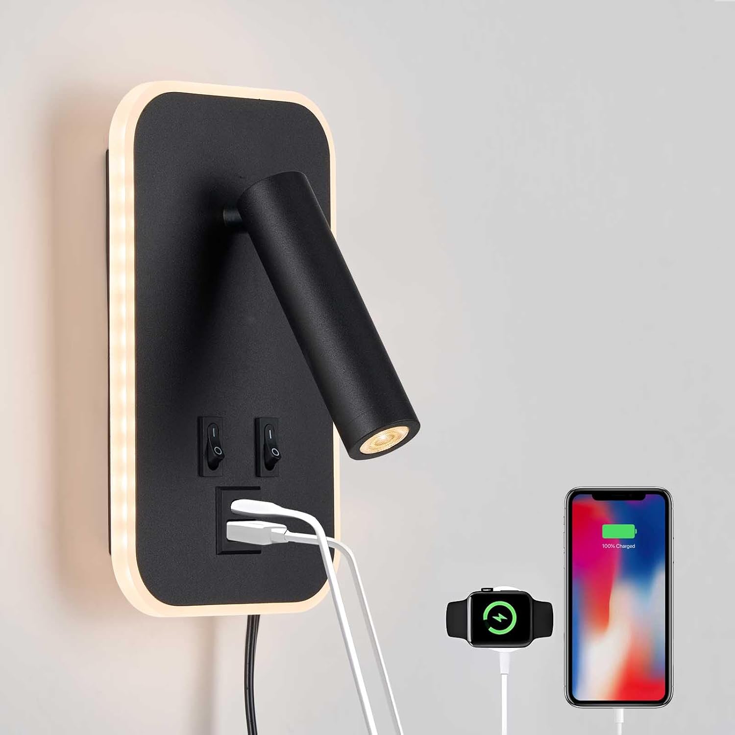 Wandleselampe – Usb-c- Und Usb-a-anschlüsse – Verstellbar – 10 W + 3 W – 3000 K Warmes Licht – Netz- Oder Kabelanschluss – Geeignet Fürs Schlafzimmer – Schwarz