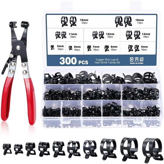Set Mit 300 Schlauchschellen: Schlauchschellen, Federbandschellen, 5–18 Mm, Mit Schlauchschelle, Zange, Kraftstoffleitungsreparaturset, 10 Größen