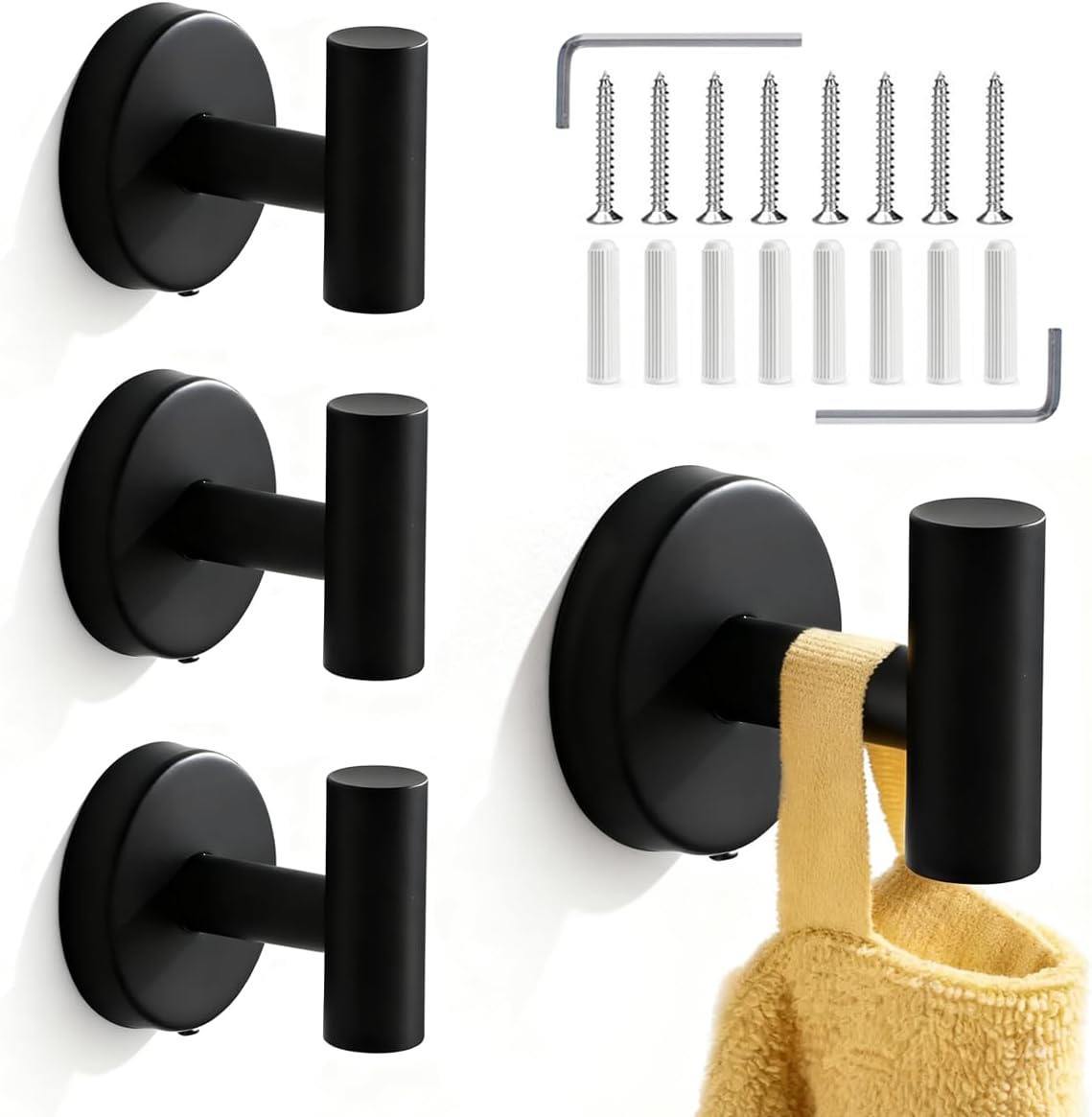 Vierteiliges Schwarzes Schraubhaken-set Für Die Wand, Bestehend Aus Garderobenhaken, Handtuchhaken, Küchenhaken Und Wäscheklammer, Geeignet Für Den Heimgebrauch.