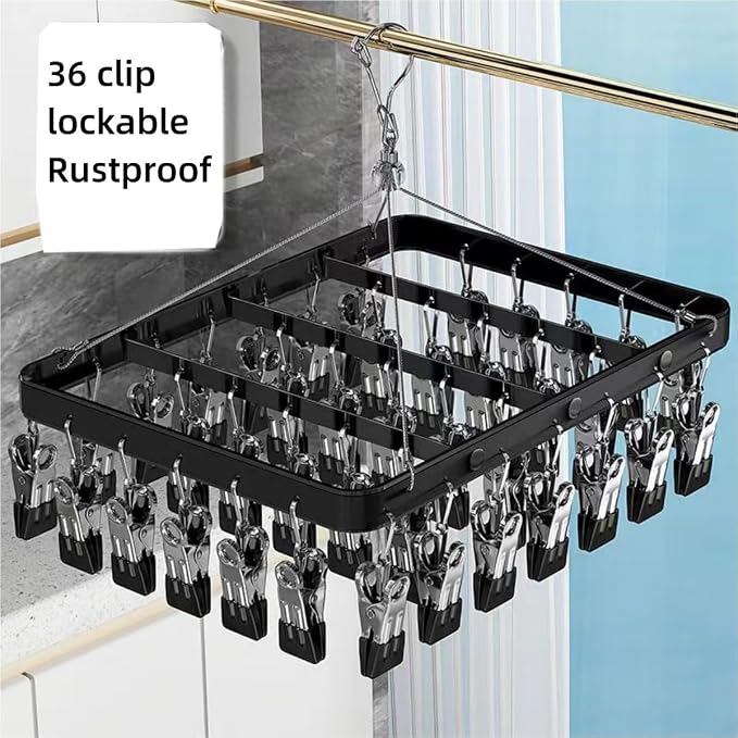 Wäscheständer Aus Metall Mit 36 Klammern, Windfesten Haken Und Faltbaren Wäscheklammern Für Socken, Bhs Und Unterwäsche (schwarz).
