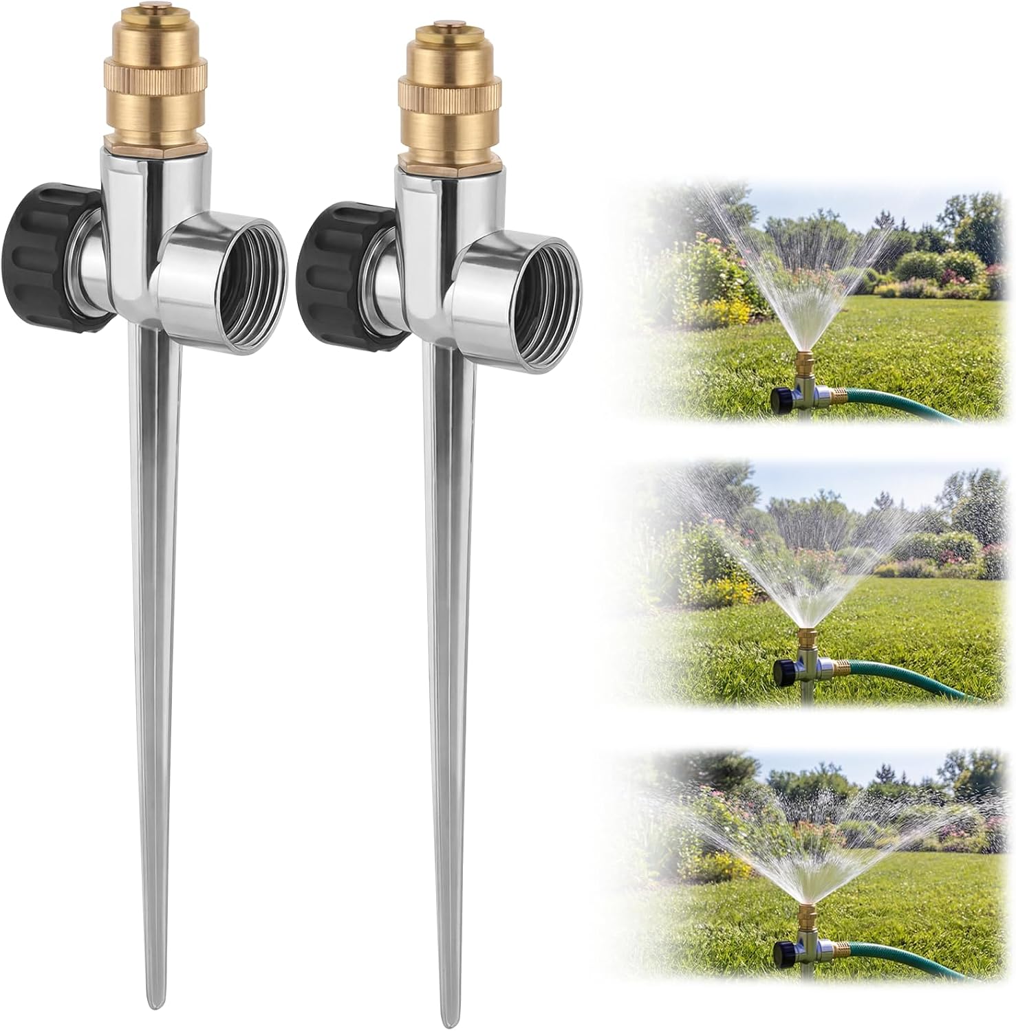 Zwei Rasensprenger Mit Sockel Aus Aluminiumlegierung Und Verstellbaren Messingdüsen Zur Bewässerung Von Terrassen, Gärten, Gemüsegärten Und Rasenflächen.