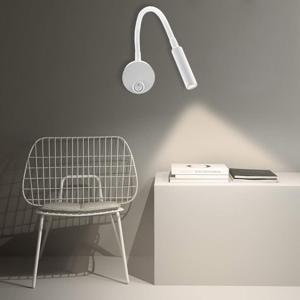 Weiße Wandleuchte, Warmweiße, Gebogene Kopfleuchte, Minimalistische 3-watt-wandleselampe Mit Druckknopfschalter.