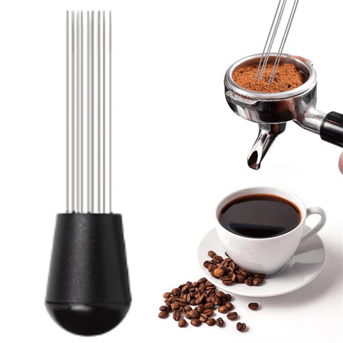 Dieses 4-teilige Espresso-zubehörset Beinhaltet Einen Kaffeetamper, Einen Rührstab Und Einen 53-mm-milchaufschäumer.