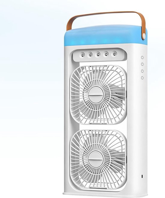 4-in-1 Tragbarer Ac-ventilator, Nebelfunktion, Doppelventilator, 3 Geschwindigkeitsstufen, 1-4-stunden-timer, Led-beleuchtung, Tc