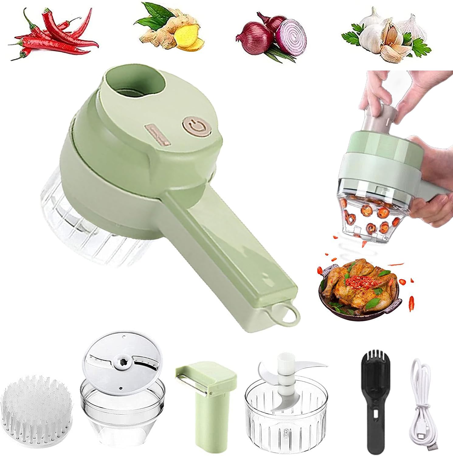 4-in-1 Elektrisches Gemüseschneide-set, Multifunktionale Elektrische Knoblauchmühle, Küchenmaschine Mit Bürste, Knoblauch, Chili, Zwiebeln, Ingwer
