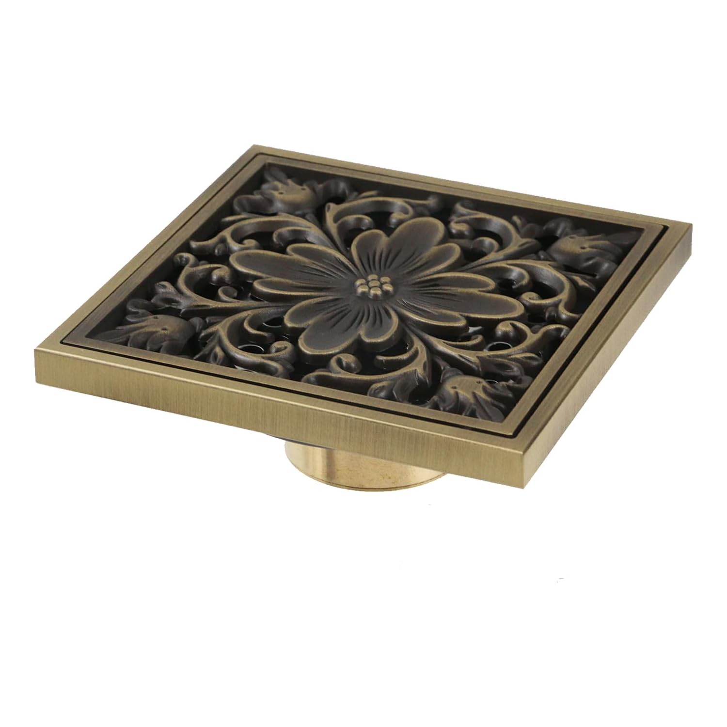 Quadratischer Duschablauf (ca. 10 Cm) Aus Antik Gebürstetem Messing, Duschablaufrohr Für Badezimmer Mit Abnehmbarer Abdeckung Und Floraler Gravur.