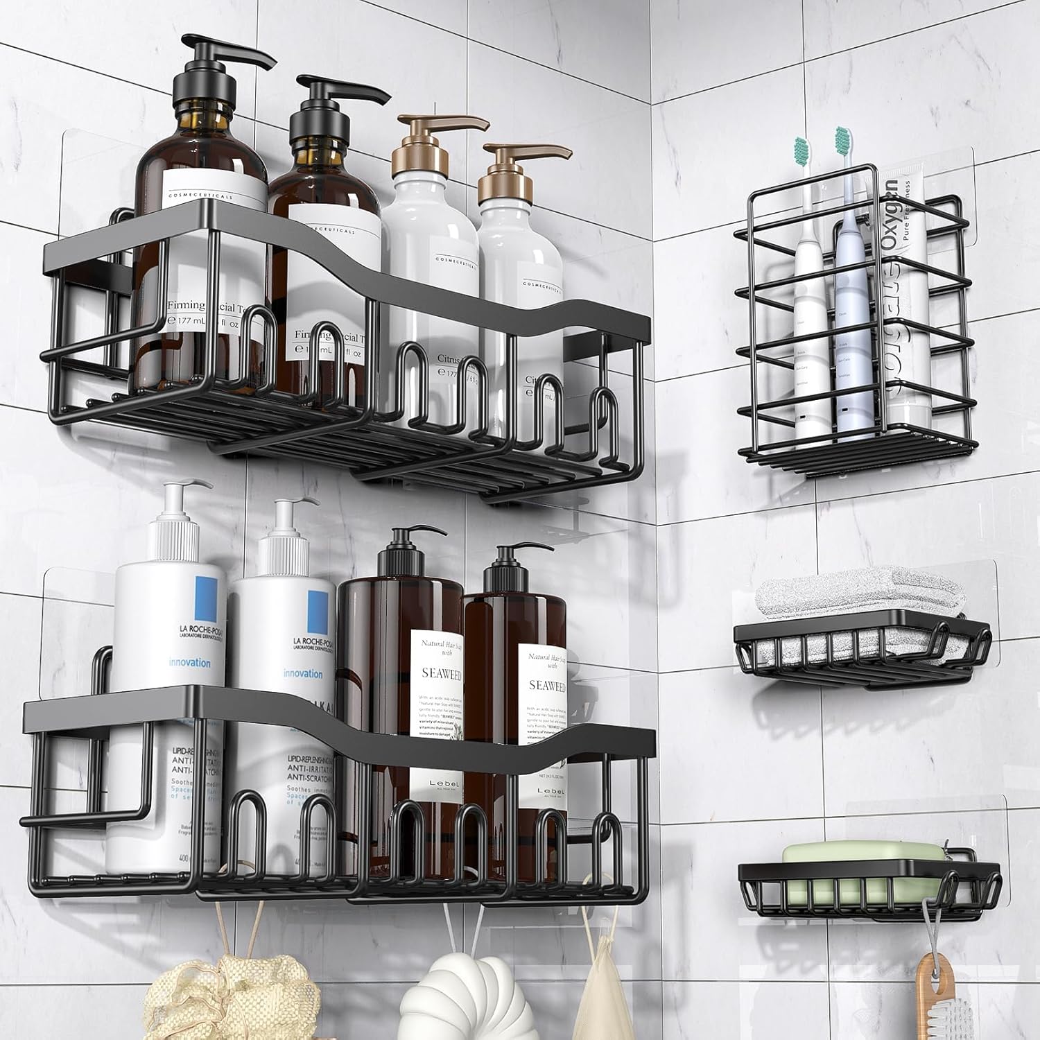 Selbstklebendes Duschregal – 5-teiliges Badezimmer-aufbewahrungsregal Aus Edelstahl – Großes Fassungsvermögen – Montage Ohne Bohren – Ideal – 5-teilig