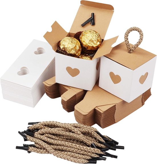 Herzförmige Geschenkboxen Aus Weißem Und Braunem Papier Für Hochzeiten, Süßigkeiten, Hobbys, Jubiläen Und Partys (50er-packung, 5,5 X 5,5 X 5,5 Cm)